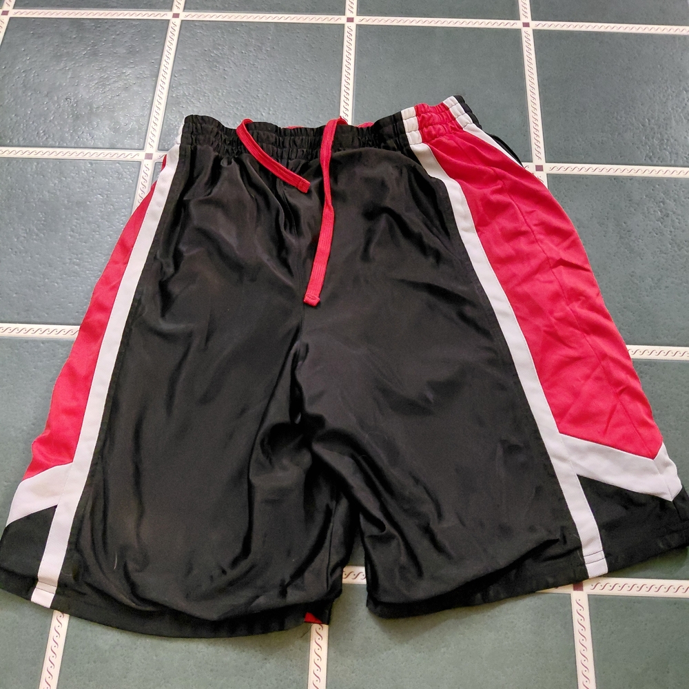 Source Unknown Men's Black Athletic Shorts with Red and White Accents